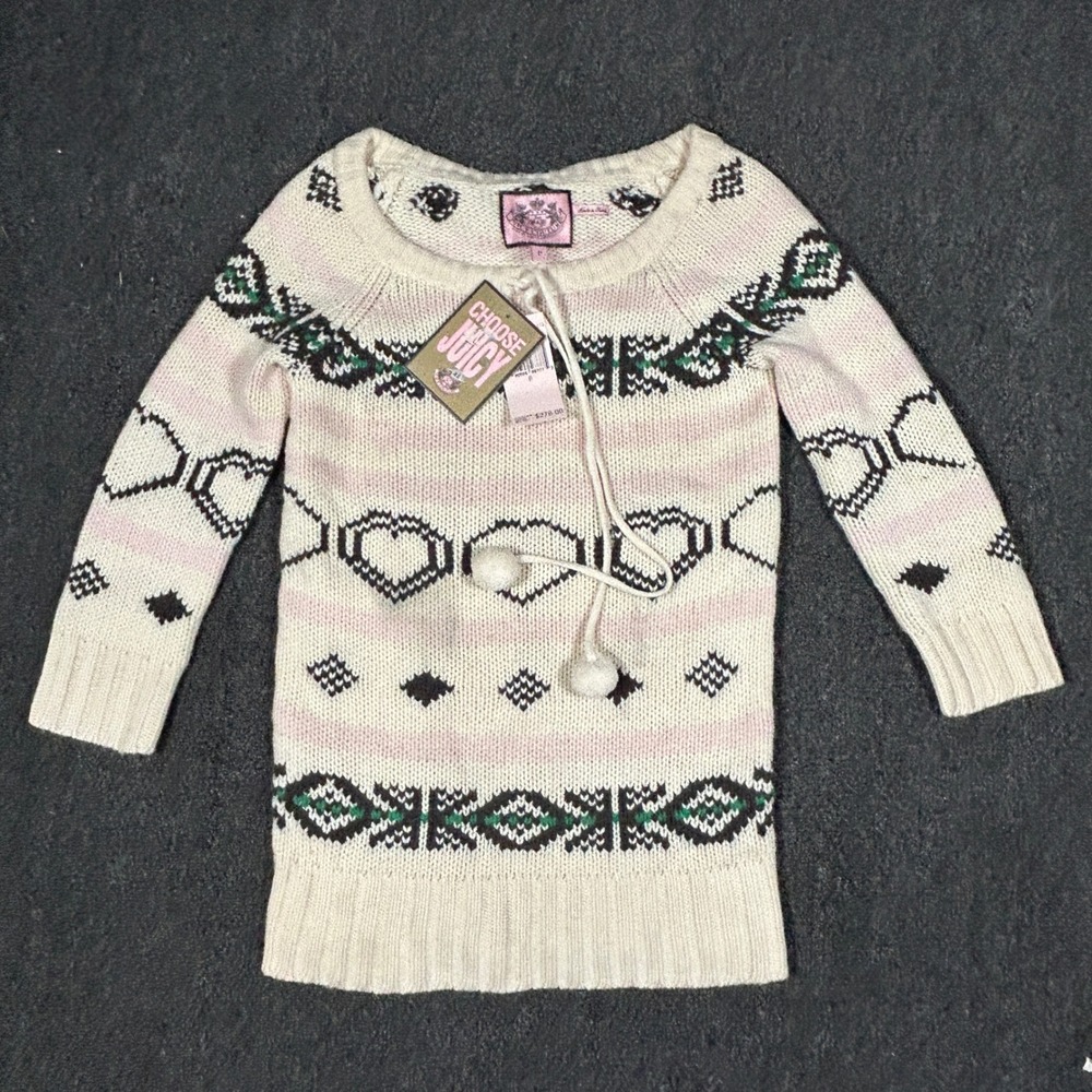 Juicy Couture Big Bear Sweater Womens P Cream Pink Heart Fair Isle Cashmere NWT